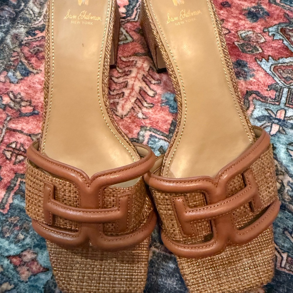 Woven Leather-Trim Block Heel Sandals - Tan - Picture 4 of 8